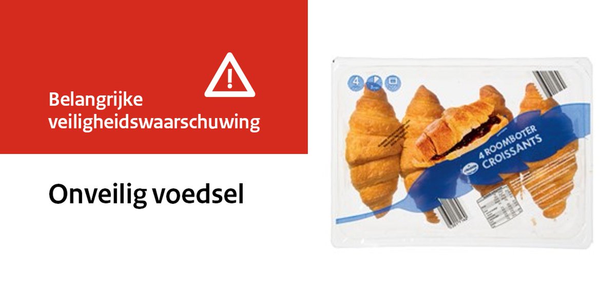 Veiligheidswaarschuwing. ALDI waarschuwt voor Roomboter croissants. Door een productiefout is het mogelijk dat er metaaldeeltjes kunnen voorkomen in de voorverpakte roomboter croissants. Eet de croissants niet. Zie de website van ALDI: aldi.nl/service/recall…