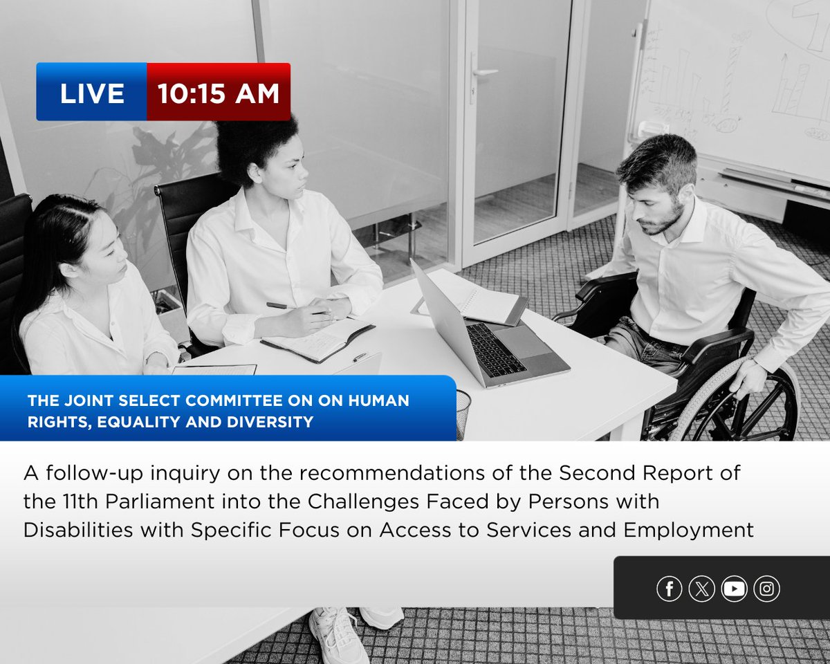 The JSC on Human Rights, Equality and Diversity conducts a follow up inquiry into the challenges faced by Persons with Disabilities (PWD) TODAY at 10:15 a.m. #JSCHRED

View our LIVE broadcast of this discussion on Parliament Channel 11 or ParlView!
youtube.com/live/URjcsTaAn…