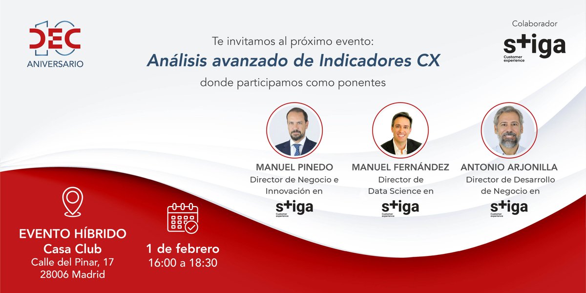 Estamos orgullosos de que nuestros directores Manuel Pinedo, Manuel Fdez-Moya y Antonio Arjonilla participen el próximo 📆 1 de febrero en el webinar Análisis Avanzado de Indicadores CX organizado por la <a href="/Asociacion_DEC/">Asociación DEC</a> .

👉🏻Modo presencial u online en: lnkd.in/dbCkATRf