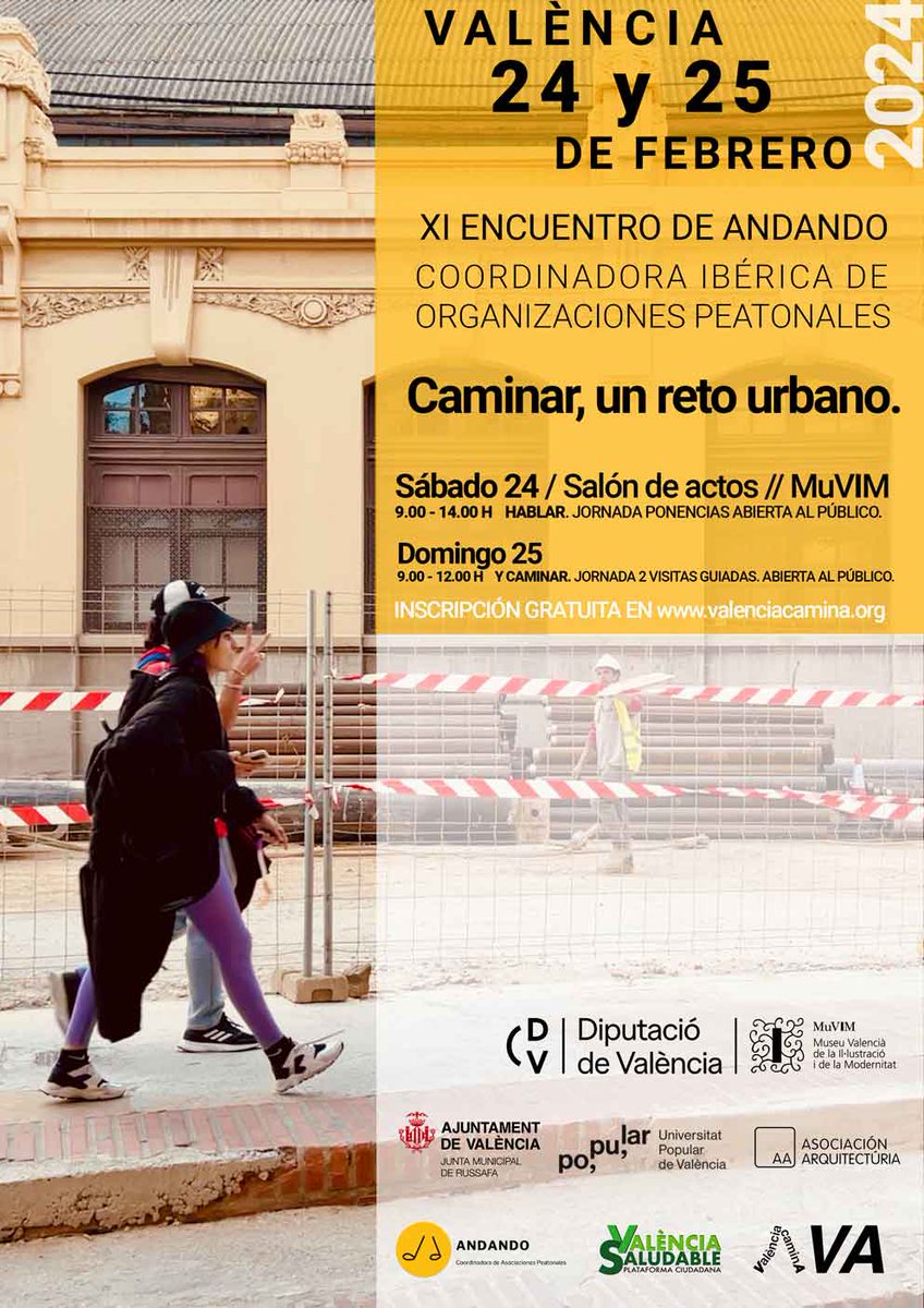 👉Caminar, un reto urbano.
Es el título del XI Encuentro Andando que se celebra en València al que acudirán las asociaciones ibéricas de viandantes.
👂Sábado 24 salón de actos del MuVIM ponencias o🚶👩‍🦯👩‍🦽👨‍🦼Domingo 25 con dos paseos guiados + info: valenciacamina.org ¡andando!