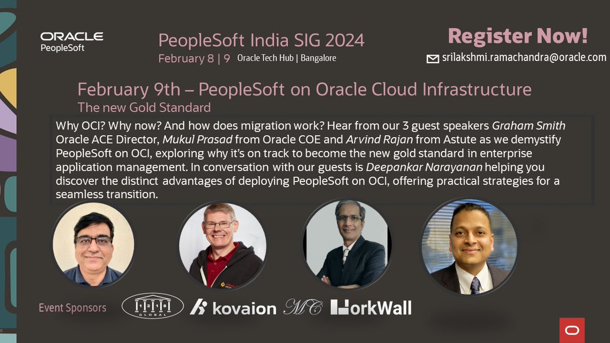 Looking forward to sharing what I've learned about running PeopleSoft on OCI at the PeopleSoft India SIG. Don't miss this amazing 2 day event on February 8th &amp; 9th at the Oracle Tech Hub, Bangalore.  #PeopleSoft #oci #OracleACE #PeopleSoftIndiaSIG2024 <a href="/version1/">Version 1</a> 

REGISTER NOW!!!