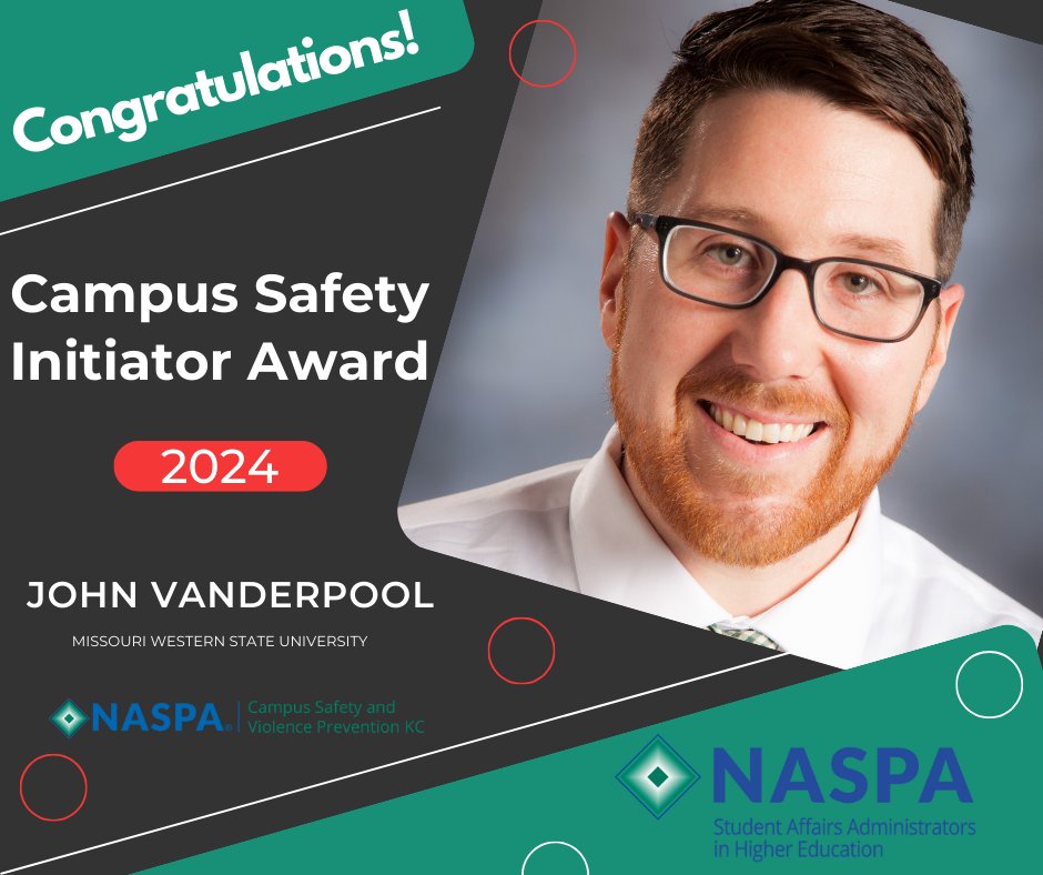 NASPA_CSVPKC's tweet photo. Let’s congratulate John Vanderpool from @MissouriWestern for receiving the Campus Safety Initiator Award. This award is presented to an individual who conceives of, initiates, and implements unique and creative ideas related to campus safety. https://t.co/dU9uNaTPVV