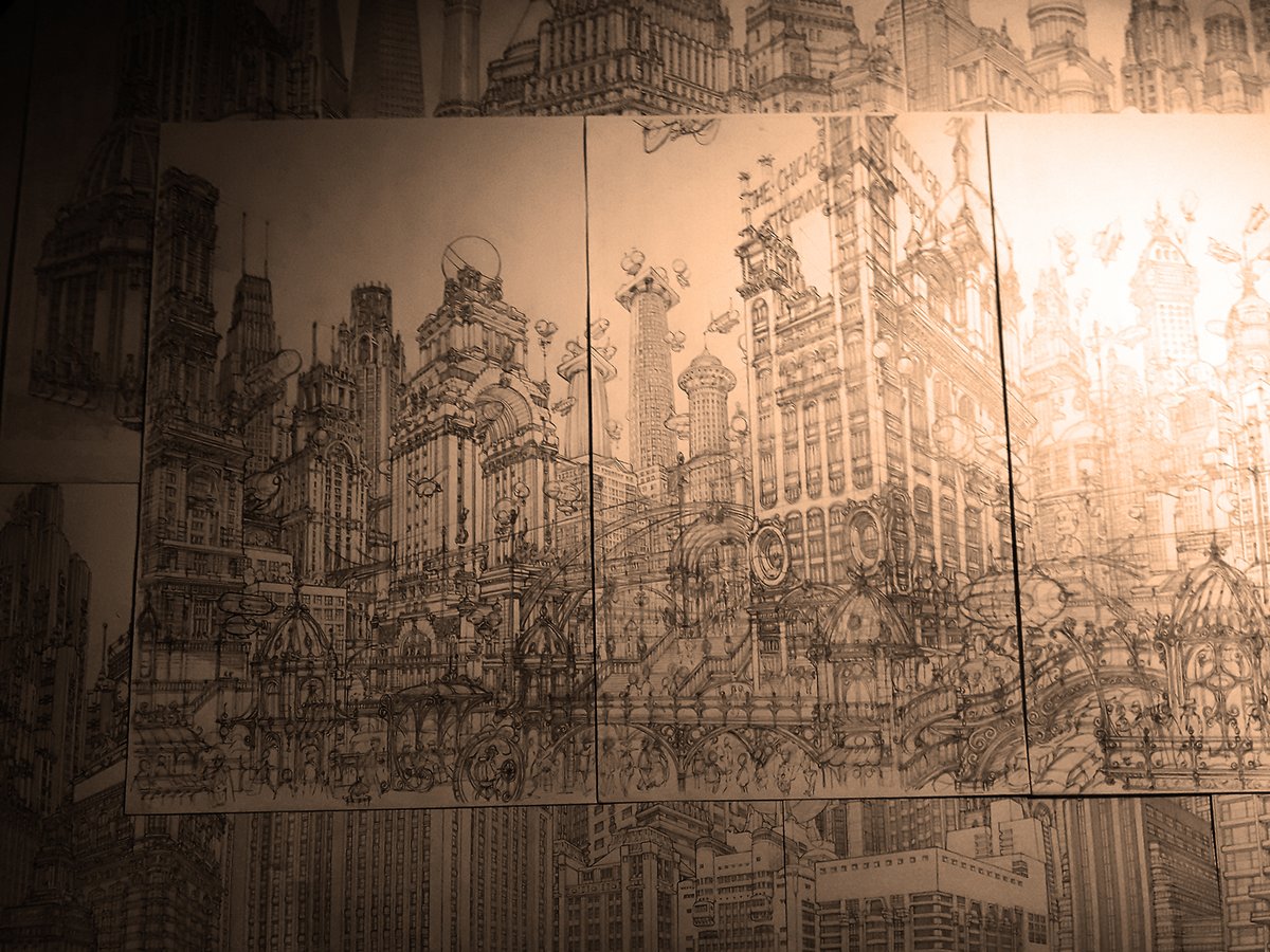 Ahhhh... the teeny-tiny original drawing, with its mere 45 x 90 cm. So cute... | #Cartoons, #architecture, and the #scifi #city: Radically expanding this for the <a href="/150mediastream/">150 Media Stream</a>: 'Welcome to Tribuneville': Old Chicago and #future #utopia [3]