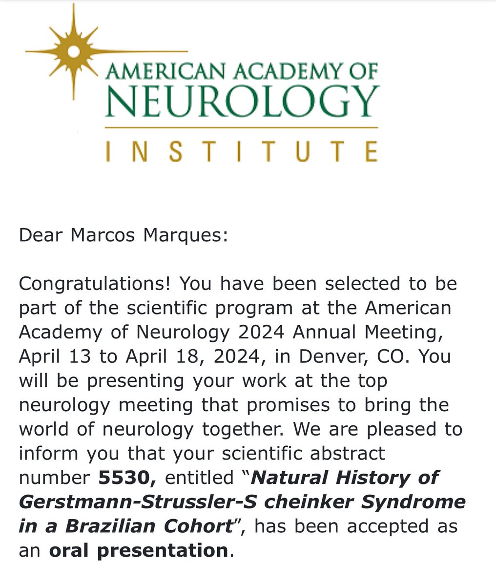 🎉Excited to meet fellow #NeuroTwitter enthusiasts at #AANAM2024! 🧠 

I’ll be presenting preliminary findings from the Brazilian Cohort study on Gerstmann-Sträussler-Scheinker Syndrome. Looking forward to insightful discussions and collaborations!

#rarediseases