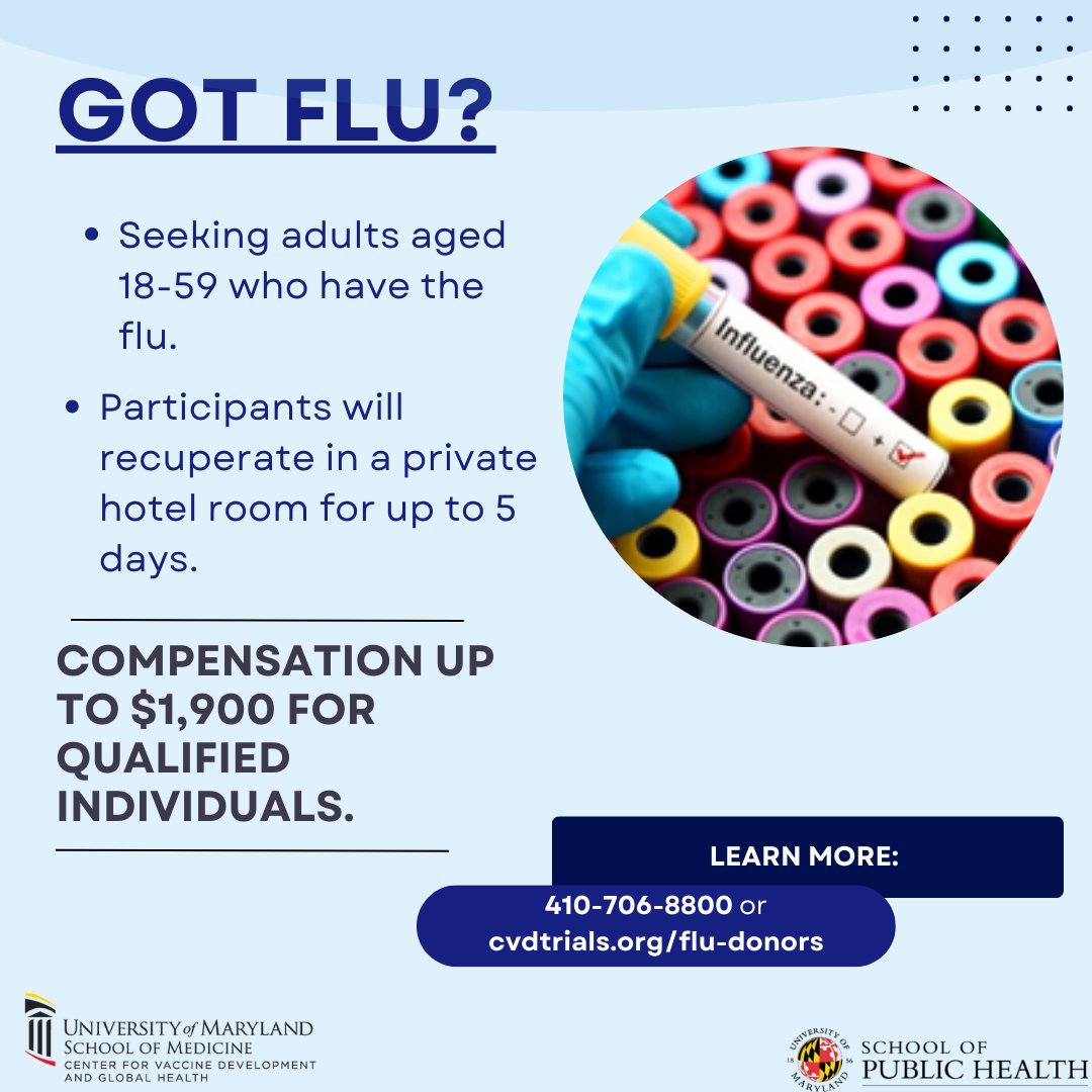 Got Flu? Seeking adults with the flu aged 18-49 for a flu transmission study. Learn more here cvdtrials.org/flu-donors