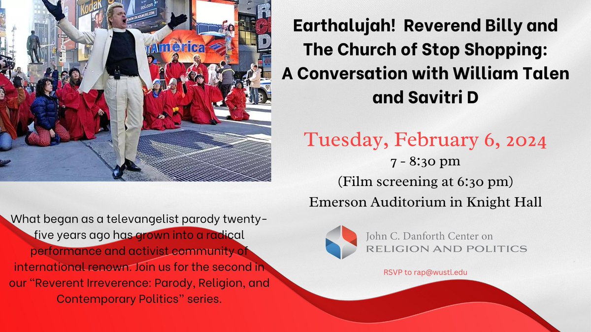 Join us next week (Tue, 2/6) when @revbillytalen & Savitri D join us at #WashU for the 2nd event in our 'Reverent Irreverence: Parody, Religion, and Contemporary Politics' lecture series! Feb 6 at 7pm (short film screening at 6:30) More info: rap.wustl.edu/events/.