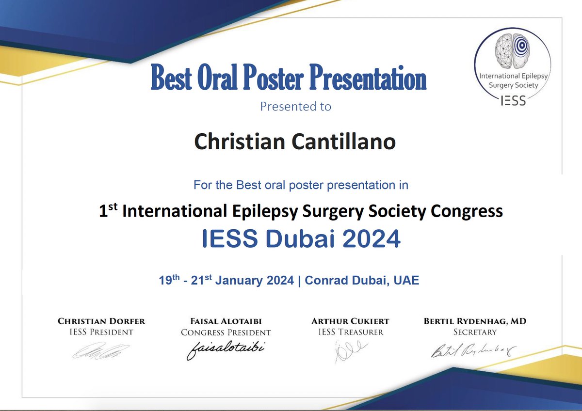 neuropuc's tweet photo. Trabajo de nuestro equipo del Programa de Epilepsia del @FacMedicinaUC @ucchristus y Hospital @SoterodelRio gana el primer lugar en el 1er Congreso de la Sociedad Internacional de Cirugía de la epilepsia organizado por @IESS2024dubai. Gran logro de @DrCantillano y @UribeChile 🧠 https://t.co/Q1LEzfGsRH