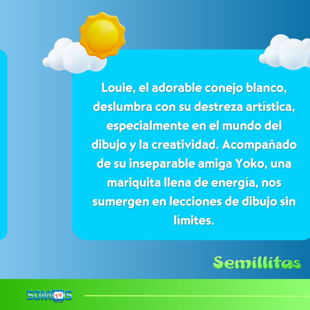 SomosTVLLC's tweet photo. ¿Alguna vez has soñado con explorar islas o viajar a la luna o entablar conversaciones con osos amigables? ¡No hay problema! ¡Todo se vuelve posible con Louie! 

Vea los mejores dibujos animados y el mejor entretenimiento infantil en español en #SemillitasTV ✏️🎨🖼️✨🐰 https://t.co/pfeB9m2DDx