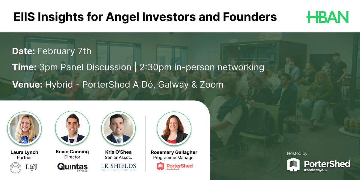Learn why recent changes to #EIIS are important to both angel investors and founders. Join our EIIS Insights Event on 7th February.

Expert panel includes: Kevin Canning, <a href="/QuintasCork/">Quintas</a>, Laura Lynch, L&amp;J Tax and Kristofer O’Shea, <a href="/LKShields/">LK Shields Solicitors LLP</a>

Register here: zoom.us/meeting/regist…