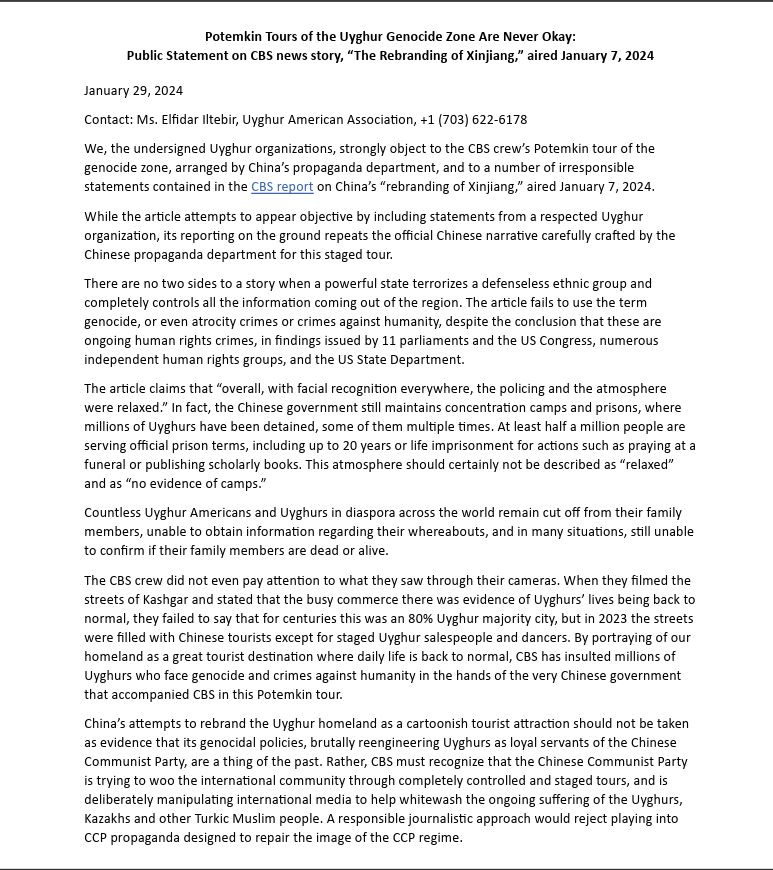 Uyghur_American's tweet photo. Our Statement on CBS news story, “The Rebranding of Xinjiang,” aired January 7, 2024 
"Potemkin Tours of the Uyghur Genocide Zone Are Never Okay!" Signed by 20 Uyghur Organizations demanding that @CBSNews @CBS answer for this irresponsible report. https://t.co/VWJE31wlf2