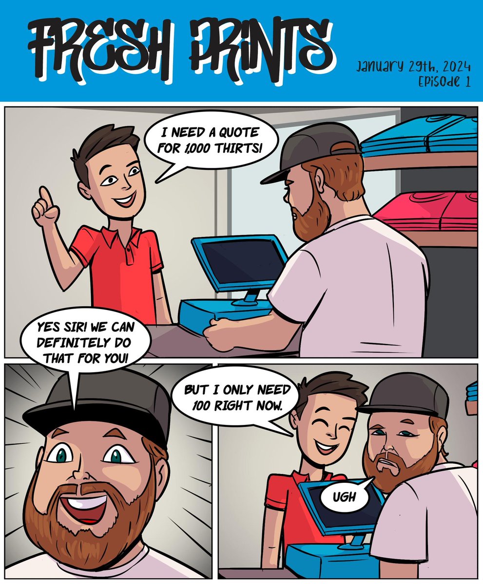 freshprintssw's tweet photo. Introducing our Weekly Comic Strip!

Episode 1: The Order Inflator

Asking for a quote for an inflated number of shirts only causes us to do more work, and you to be disappointed... Quotes are based on what you are buying right now. Not what you may potentially buy in the future. https://t.co/73vQ8wIF9a