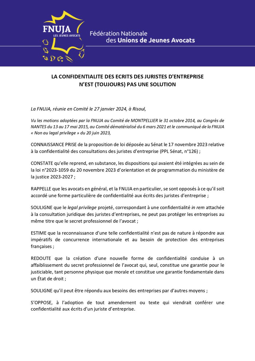 fnuja's tweet photo. 🔵🟡 #motion La confidentialité des consultations des juristes d’entreprise revient mais pour la @fnuja ce n’est (toujours) pas une solution aux impératifs de concurrence internationale et au besoin de protection des entreprises 👇🏼 https://t.co/E4Ccfh2E8Z