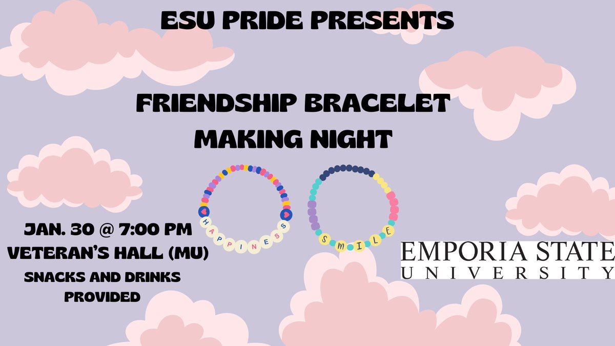 ESUPRIDE1's tweet photo. Join us tomorrow in our first social meeting of the spring semester, we will be making friendship bracelets. So come hang out, enjoy snacks and drinks while we discuss upcoming PRIDE events. Hope to see you there!! https://t.co/iC1MZT4u3L