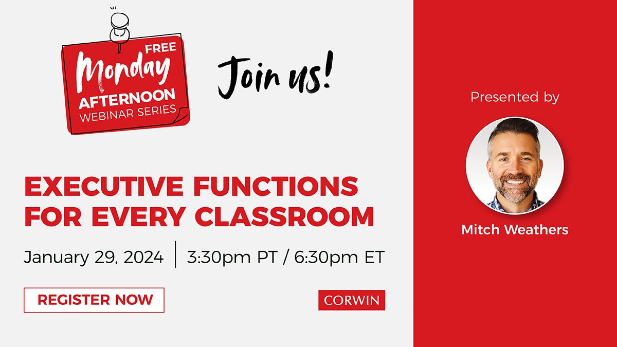 organizedbinder's tweet photo. Exciting news! The publication date for my book, "Executive Functions for Every Classroom," is Jan 31!
I'm teaming up w/ my publisher @CorwinPress to host a free webinar today at 3:30 pm PST.
Click here to secure your spot: https://t.co/q5V9kS4jdd
#executivefunctioningskills https://t.co/eOJnKwMUHU