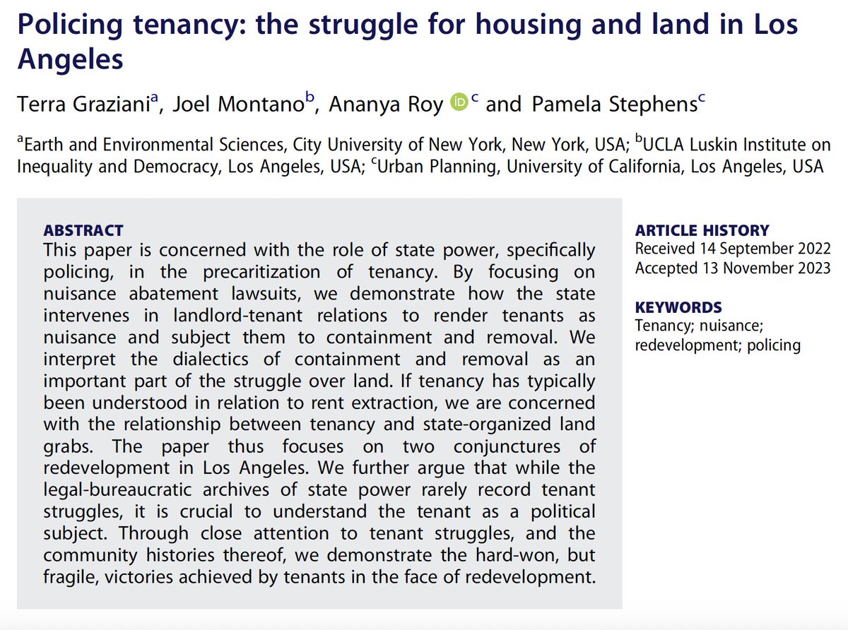 terra graziani (@trampology) on Twitter photo New article out! w/ <a href="/ananyaUCLA/">Ananya Roy</a> <a href="/jxmontano/">Joel Montano</a> & Pamela Stephens.
"If tenancy has typically been understood in relation to rent extraction, we are concerned with the relationship between tenancy and state-organized land grabs."
tandfonline.com/doi/full/10.10… New article out! w/ <a href="/ananyaUCLA/">Ananya Roy</a> <a href="/jxmontano/">Joel Montano</a> & Pamela Stephens.
"If tenancy has typically been understood in relation to rent extraction, we are concerned with the relationship between tenancy and state-organized land grabs."
tandfonline.com/doi/full/10.10…