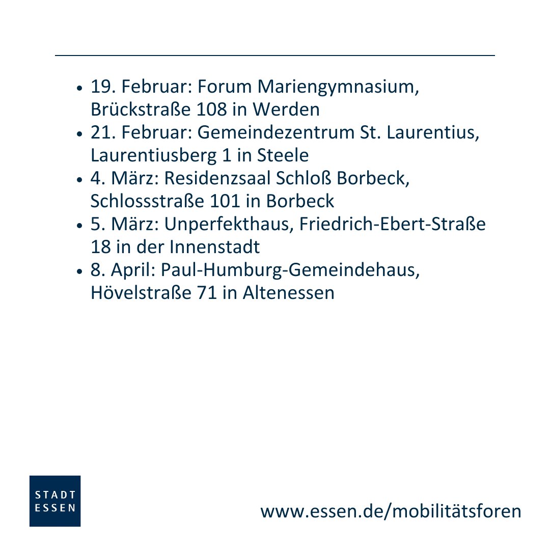 Essen_Ruhr's tweet photo. Wie sieht die Mobilität von morgen in Essen aus?🤔

Hier seid ihr gefragt: Teilt uns bei den Mobilitätsforen eure Wünsche mit, um die Moblität in Essen zukünftig effizienter, komfortabler und sicherer zu gestalten!😊

ℹ️Mehr Infos findet ihr auf https://t.co/uwz9EfJxXx. https://t.co/Y9OVPJvkRZ