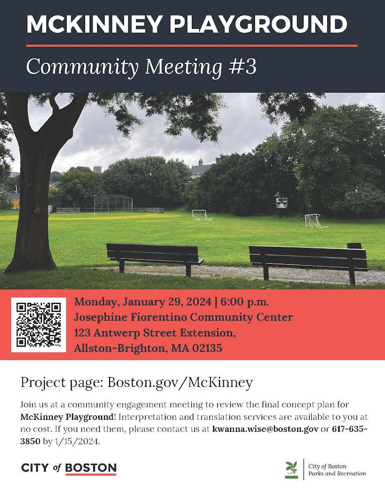 🌳Tonight! Come on over to Charlesview's Josephine Fiorentino Community Center, 6:00-7:30PM, 123 Antwerp St, close to Western Ave. Learn from @BostonParksDept and share ideas for a meaningful renovation of McKinney Playground. #BrightonMA #AllstonBrighton
