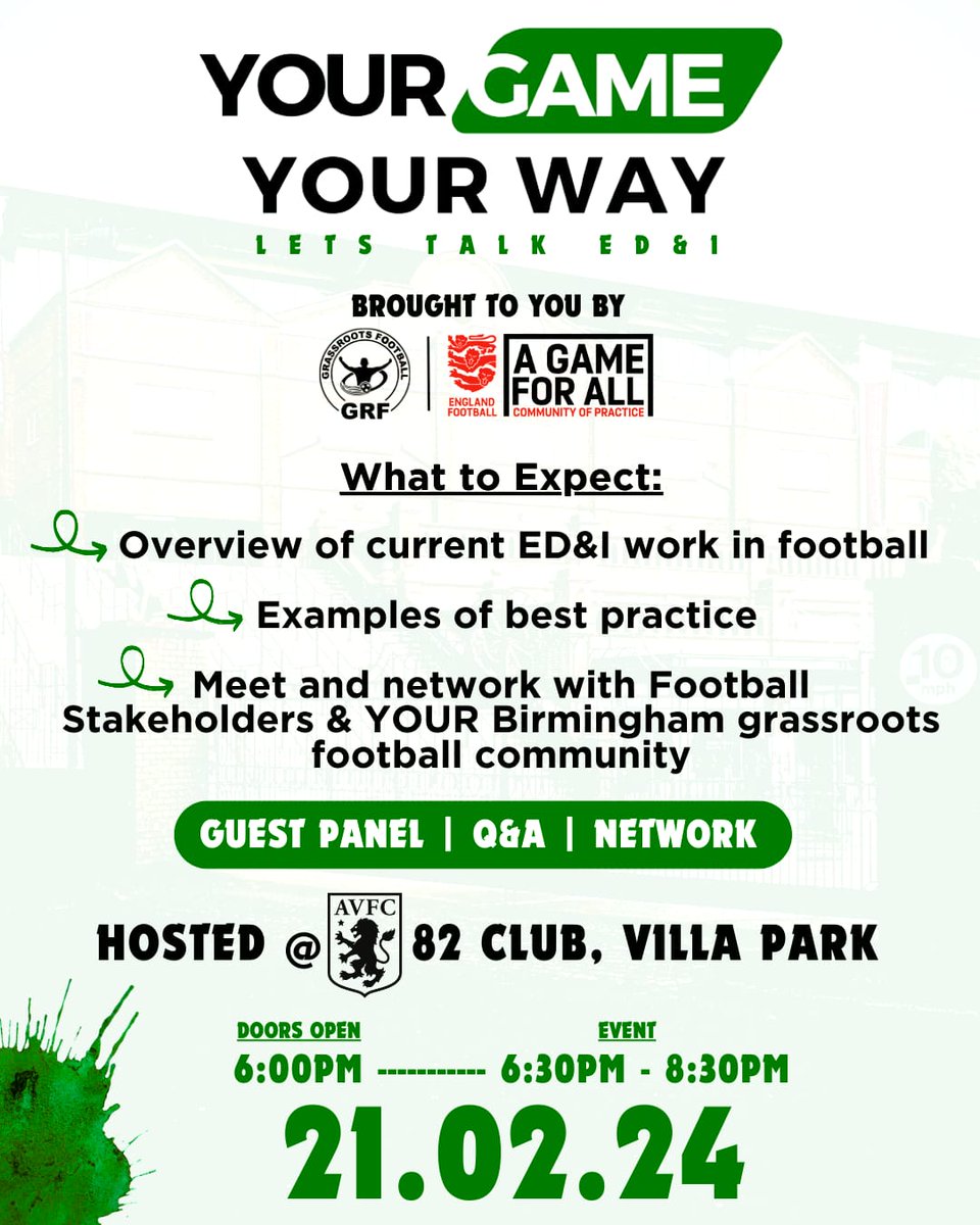 🚨Save the Date

👉 Your Game - Your Way

The first in a series of national events from Teamgrassroots &amp; The <a href="/EnglandFootball/">England Football</a> community of practice 

Let's Talk ED&amp;I in Grassroots Football 

#Network #Discuss #BestPractice 

🗓️ 21st of Feb

<a href="/AstonVillaFC/">AstonVillaFC</a>

🎟️Tickets ⤵️