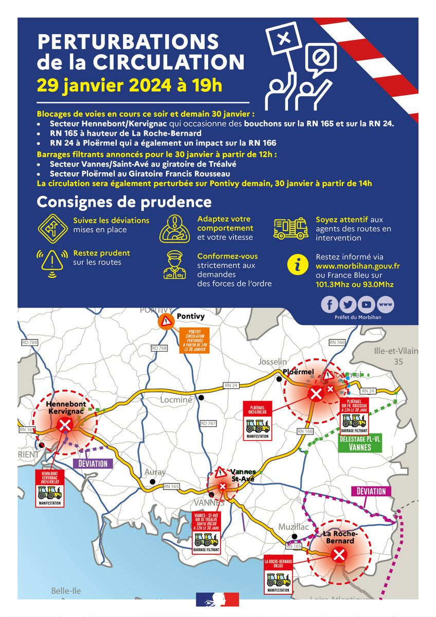 #Manifestations | 
Point à 19h ce lundi 29 janv.
Blocages :
- RN 165/RN 24 à Kervignac 
- RN 165 à La Roche-Bernard
- RN 24 à Ploërmel
Barrages filtrants annoncés pr demain à/p de 12h :
- Vannes/Saint-Avé au gir. de Tréalvé
- Ploërmel au Gir. Fr. Rousseau
morbihan.gouv.fr/Actualites/Esp…