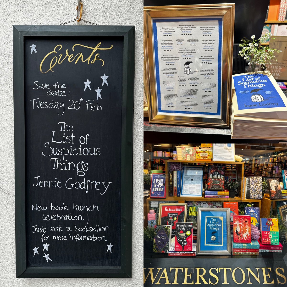 Spent the afternoon filming at my home store @waterstonestaun and so grateful for the support for #TheListofSuspiciousThings already. If you’re in the area and want to join us on the 20th February you can get a ticket here waterstones.com/events/an-even…