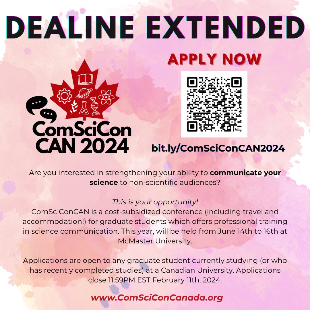 We know the start of the year is a busy time, so we've extended our application deadline for y'all! 
Applications are now due by Feb 11th at 11:59PM EST.

Apply now to join Canada's premiere Science Communication Conference! More info on our website at ComSciConCanada.org 🎉