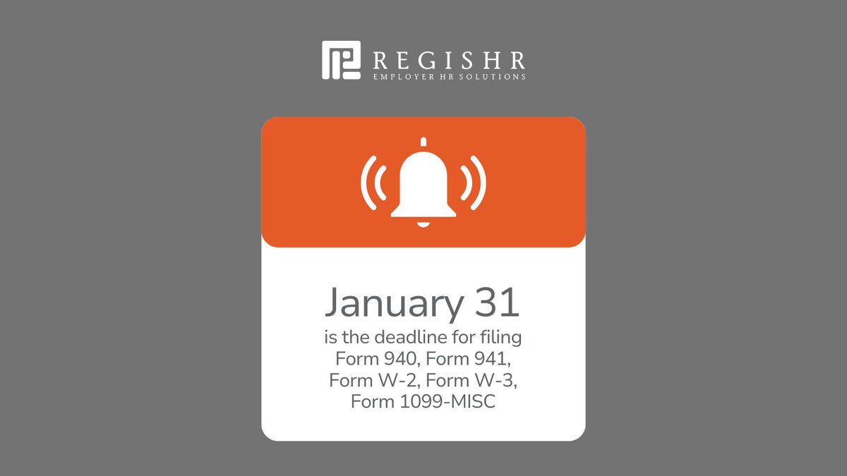 January 31 marks the finish line for Form 941 (Q4), Forms W-2 and 1099-MISC distribution, Forms W-2 and W-3 filing, and Form 940. 

Tick, tock, tick, get those filings in! ⏰📄

#taxnews #deadline #regisHR #form941 #W2 #form940