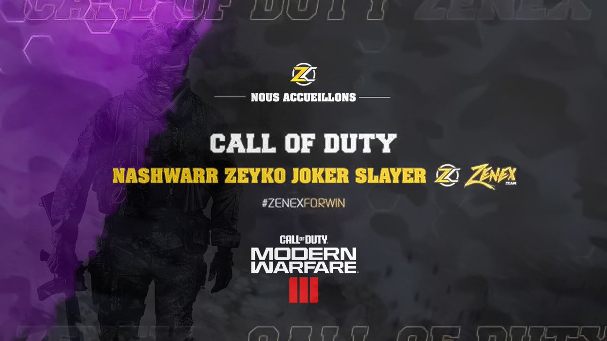 Team_ZeneX's tweet photo. Bienvenue à notre nouvelle équipe CoD qui nous représentera lors de cette saison sur #MW3  

⬇️ Composition ⬇️

@NasHWaRR_COD 🔫
@ImZeyko0 🔫
@JOKER78brigand 🔫
@SlayerSnD 🔫

Ils seront présent pour les prochaines LAN’s et Tournois Online ! https://t.co/tp1j258v1f