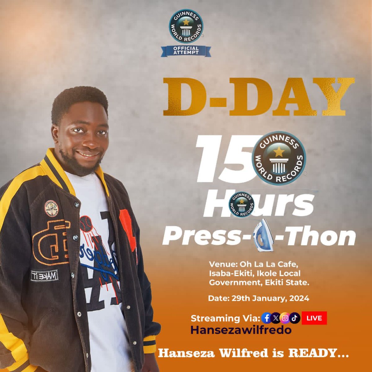 nuesafuoye1's tweet photo. Ready, set, press! This Engineering graduate @HansezaW is ironing out a plan to set a Guinness World Record for the most hours spent ironing clothes. Let the Press-a-thon begin tonight!

#PressAThon
#HansezaWilfred
#WilfredPressathon
#HansPress150
#GuinnessWorldRecord 
#Ekiti https://t.co/ddqLCNwSGL