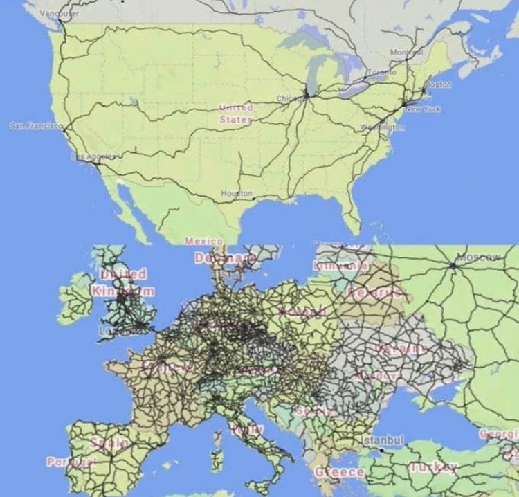 I'm all in for #FlightFree2024 here in the US. @FlightFreeUSA #ClimateCrisis

There are far fewer train lines here. Plus, trains are often many times more expensive. At least #Amtrak is getting billions$ to improve. @StayGroundedNet #staygrounded

US vs Europe rail lines 👇