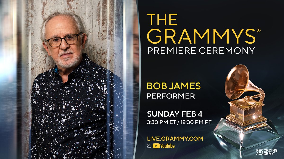 Excited to perform at this year’s #GRAMMYPremiere Ceremony! Sunday, February 4 @ 3:30 PM (est) / 12:30 PM (pst) Tune in at live.GRAMMY.com & @recordingacad YouTube Channel.  #GRAMMYs #bobjames #jazzhands