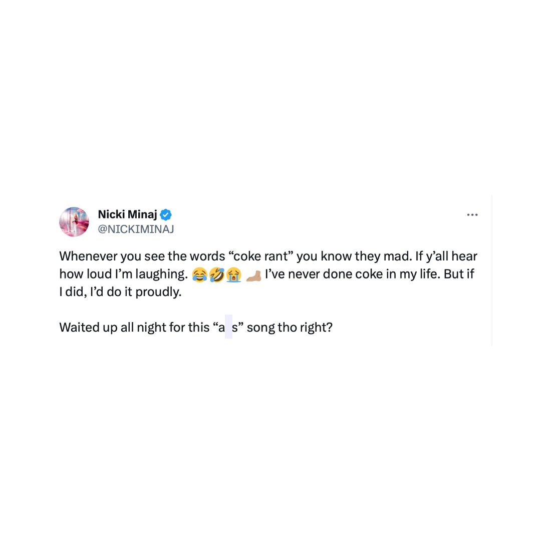 XXL's tweet photo. Nicki Minaj denies she has ever used cocaine. https://t.co/GhmfkCVOzQ