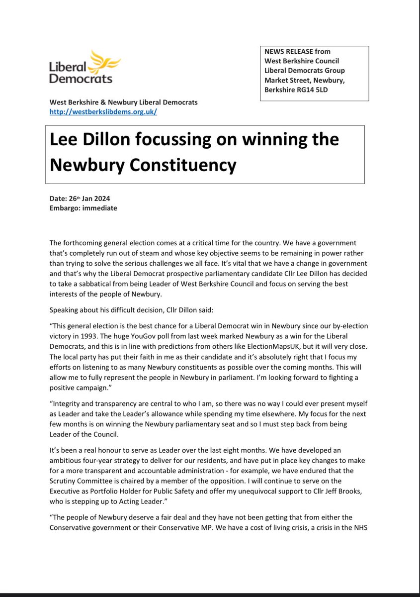 LeeRJdillon's tweet photo. I will always work with integrity and honesty for the best interests of the people of Newbury.

That is why I am standing back as Council Leader and not taking the leaders allowance. 

My focus is becoming Newbury's next MP.

 #GE2024 #GetAFairDeal #LibDems https://t.co/ArrKG6leD4