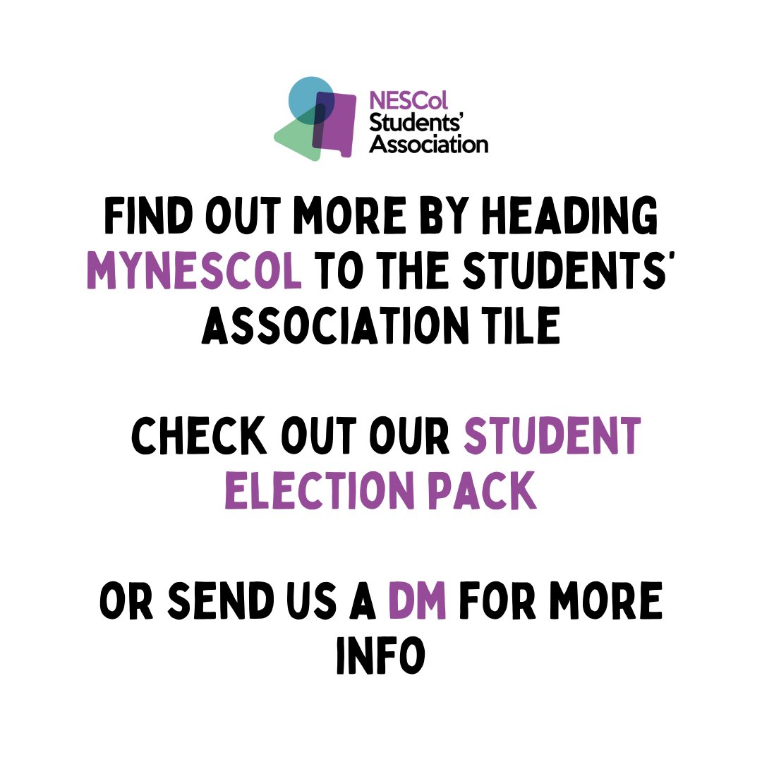 Nominations for the 2024 NESCol SA Regional President and Depute President are open now! 

Head to my.nescol.ac.uk/.../studen.../… to check out our Student Election Pack which has all the info you need.

Nominations are open until the 22nd of February.
#NESColSA
