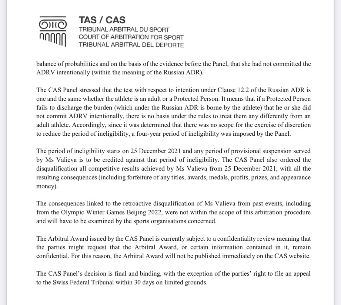 Here’s the decision: A four-year ban for Valieva from Dec 2021 to Dec 2025. Her Olympic results are disqualified, CAS says. A huge win for clean sport and massive loss for the Russian doping system.