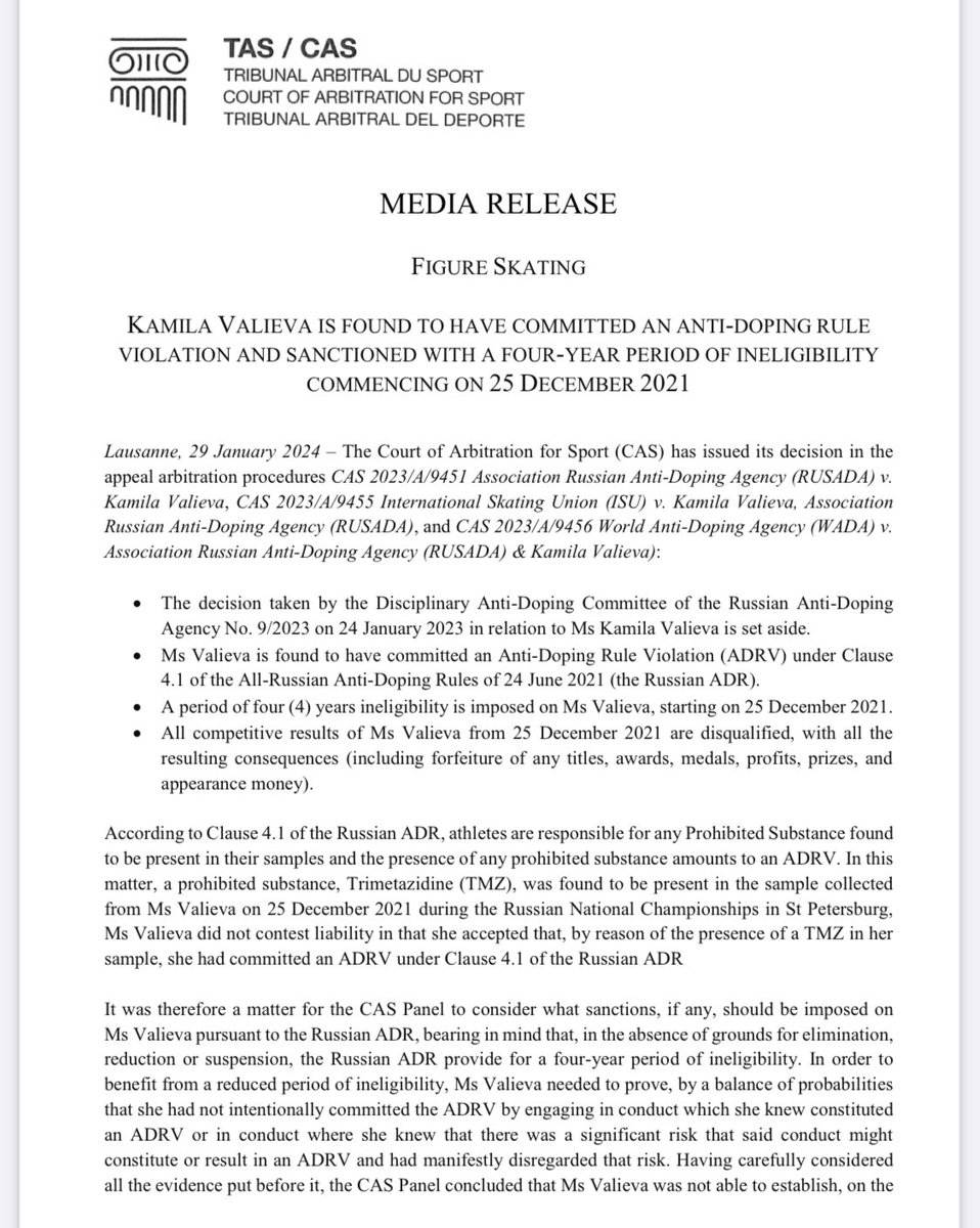 cbrennansports's tweet photo. Here’s the decision: A four-year ban for Valieva from Dec 2021 to Dec 2025. Her Olympic results are disqualified, CAS says. A huge win for clean sport and massive loss for the Russian doping system. https://t.co/7ArFoisqNv