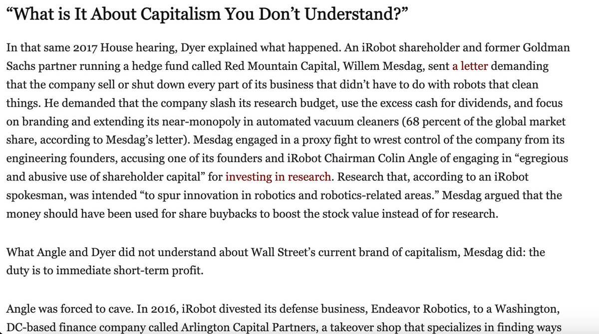 matthewstoller's tweet image. iRobot was started with a government grant, it did extraordinary things for America like build robots that helped search the rubble after 9/11 and aided US troops in clearing mines in Iraq and Afghanistan.

Then it was destroyed by hedge funds in 2017. 

promarket.org/2021/01/28/wal…