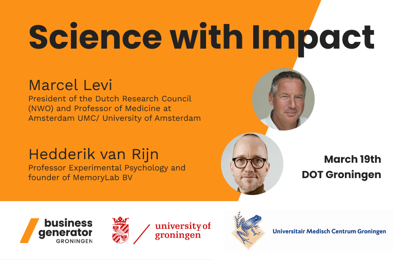 Would you like to know how to advance your research and bring it into practice? 🤔 Business Generator Groningen invites you to join their Science With Impact evening on 19 March, 2-5 p.m. With @MarcelLevi and @hedderik 💡 More information 👇 rug.nl/about-ug/lates…