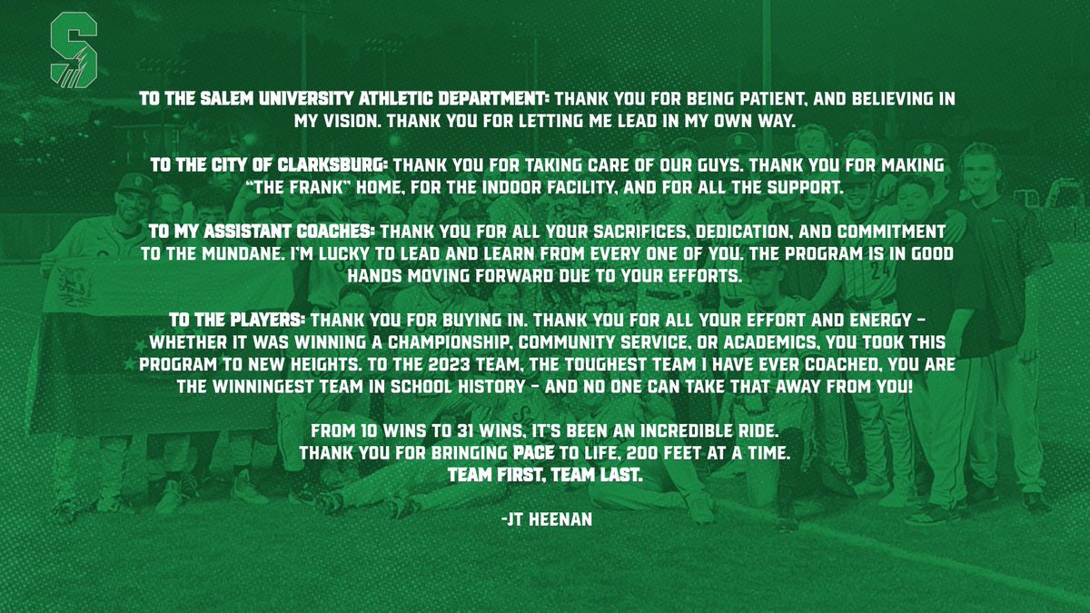 Thank you to everyone at Salem University for letting me lead your baseball program.

Grateful for my new role as a Development Coach with the Texas Rangers organization.