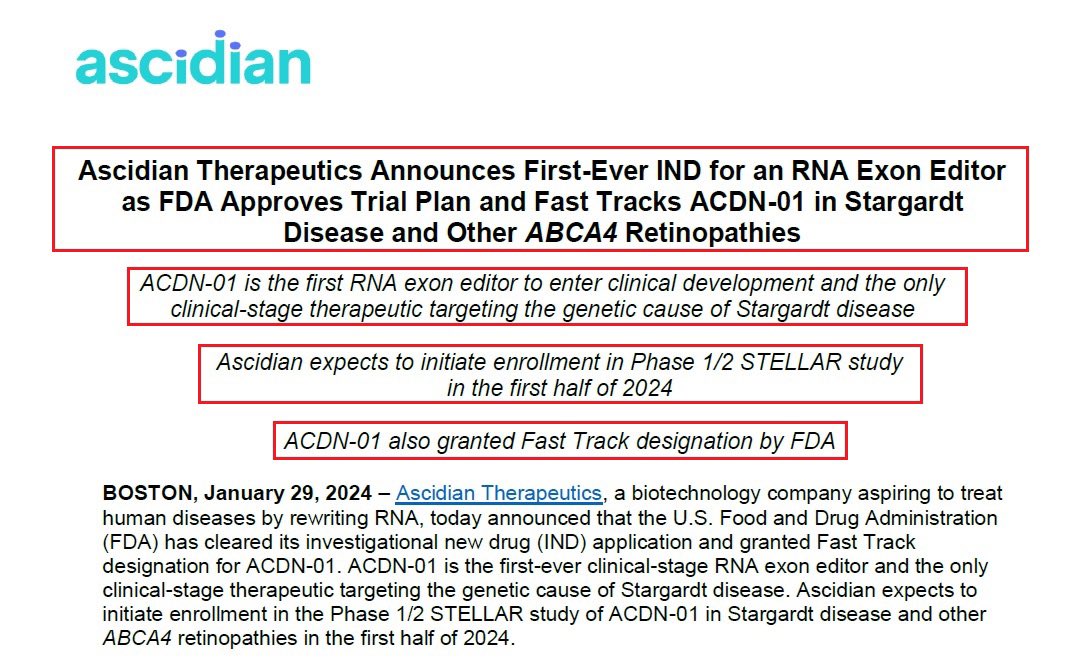 1/@AscidianTx - a #BioTech company developing therapies by #RNA #ExonEditing announced today that the @US_FDA has cleared its investigational new drug - IND application & granted Fast Track designation for ACDN-01 aimed to treat #StargardtDisease. #IRDs #GeneEditing #CRISPR $XBI