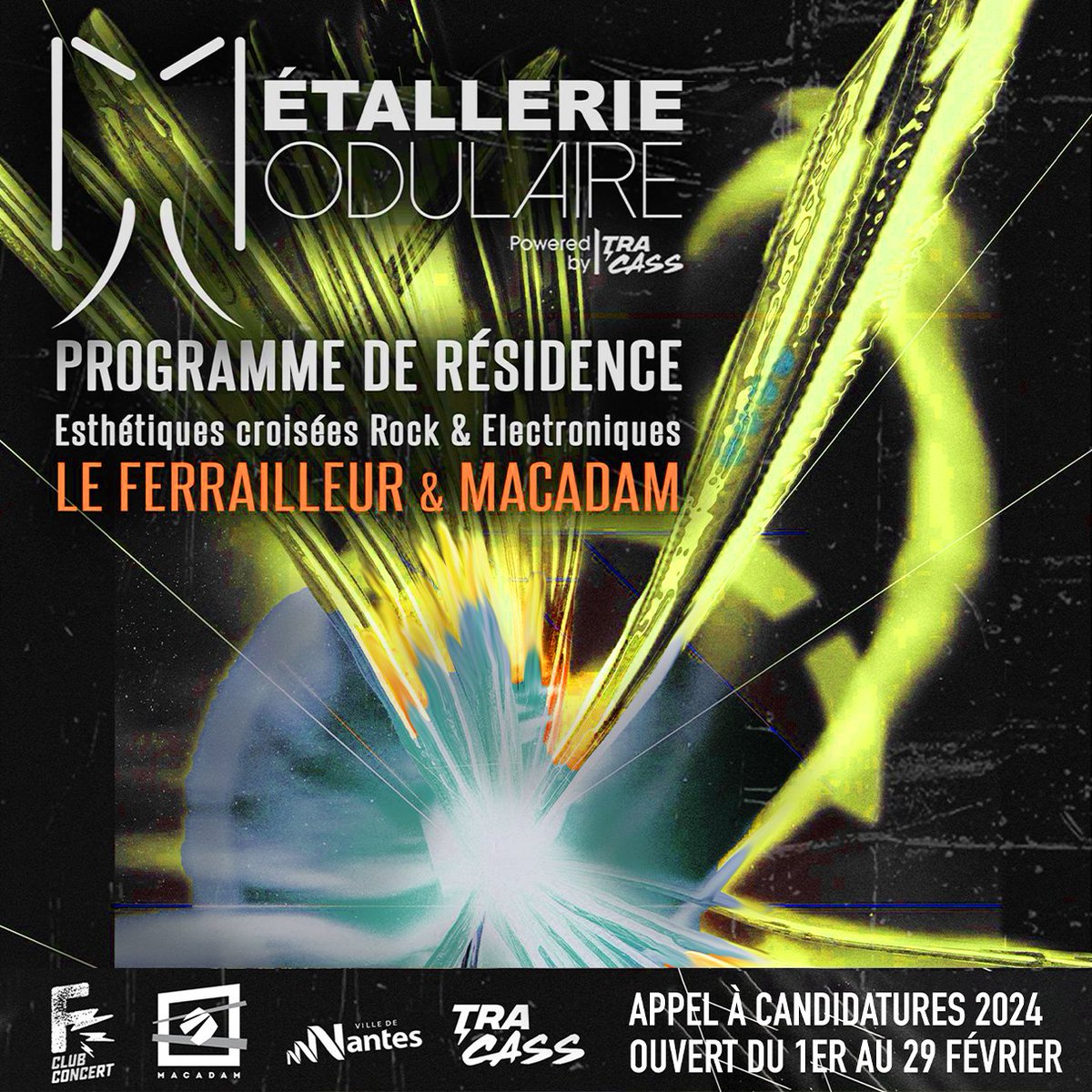 La Métalerie Modulaire est un programme de résidence artistique dédié aux projets musicaux live. L’appel à projets 2024 est ouvert du 29 Janvier au 15 mars 2024 : forms.gle/eSJtpGhfZJDXGK… Une initiative de Tracass avec le Ferrailleur & Macadam et le soutien de la @nantesfr