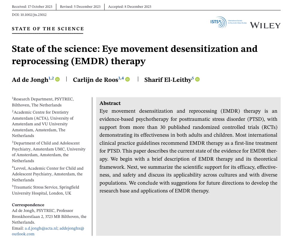 An article published in Journal of Traumatic Stress aims to provide a thorough and 
state-of-the-art overview of #EMDR therapy for #PTSD. 
onlinelibrary.wiley.com/doi/epdf/10.10…