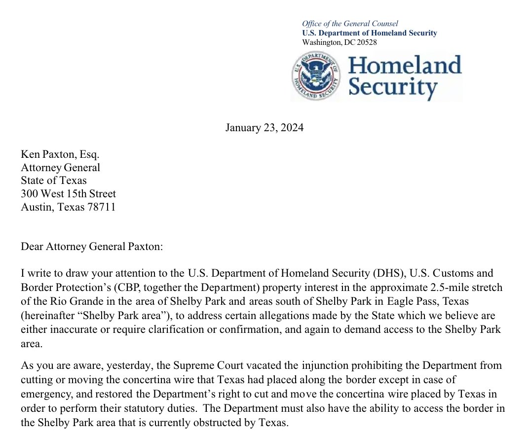 JuddLegum's tweet photo. 11. But Texas continues to interfere with the federal government's access to Shelby Park, in clear violation of the Constitution and federal law.

On January 23, the DHS wrote a letter to Texas, demanding access to Shelby Park https://t.co/iKEbP8MLZi