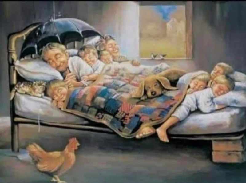 Happiness by Abidin Dino, a well known Turkish artist who painted a picture of a whole family cramped up on a broken bed under a leaky roof in a shabby room but still with a smile on each member's face!

Happiness is not absence of sufferings but acceptance of sufferings..😍