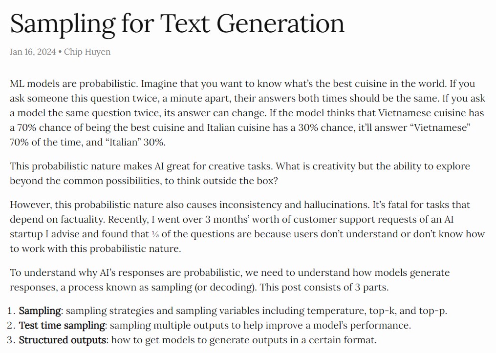 dmytronikolai's tweet photo. 📰 Sampling for Text Generation by Chip Huyen

Blog post: https://t.co/P77Yb11xCi

#keep_AI_posted #ai #nlp #llm #sampling #textgeneration https://t.co/oAEz0xodUw
