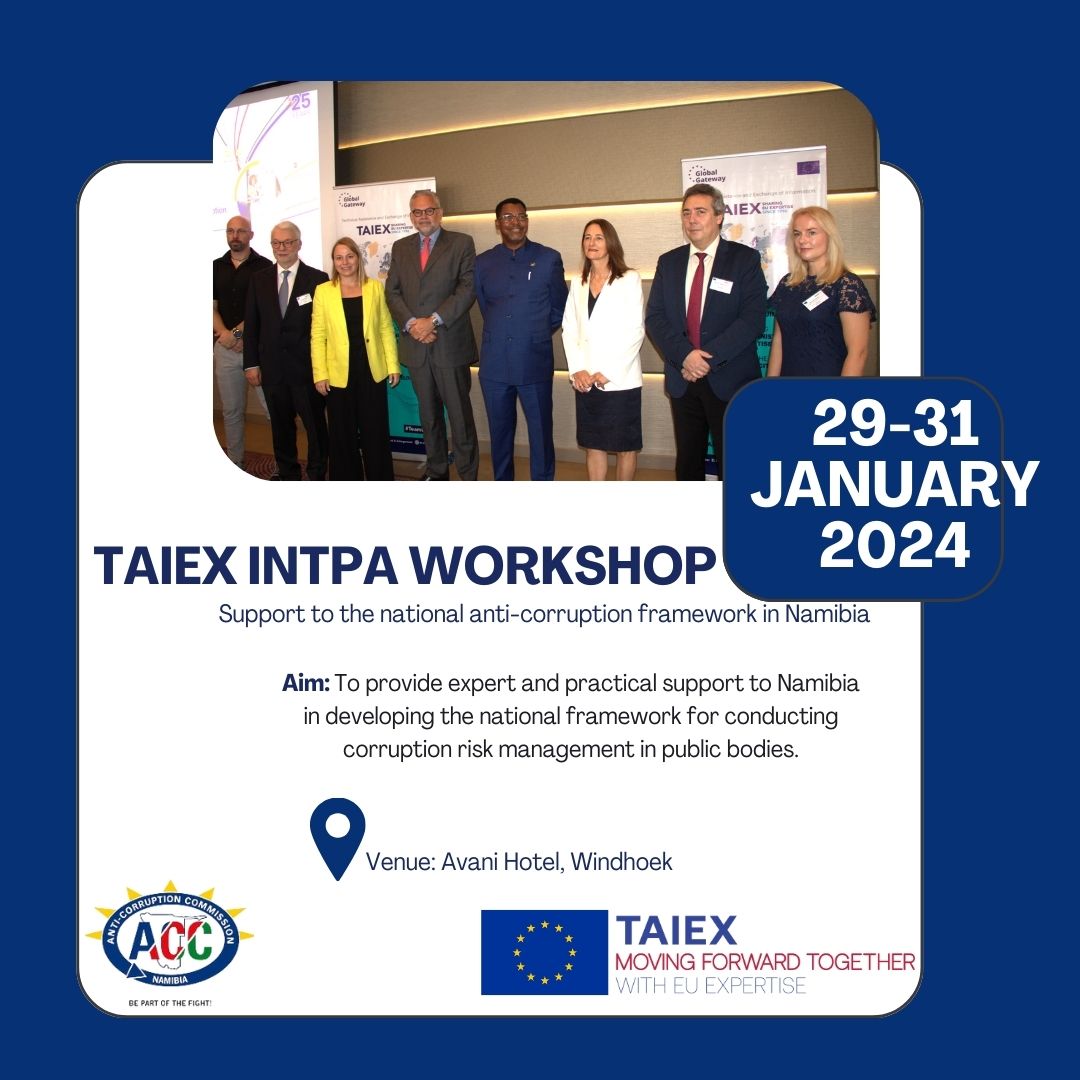 GRN_Namibia's tweet image. TAIEX INTPA Workshop Support to the national anti-corruption framework in Namibia. 29-31 January 2024. #TAIEX #anticorruption #NationalFramework #corruptionriskassesment @ACCNamibia @EuropeanUnion