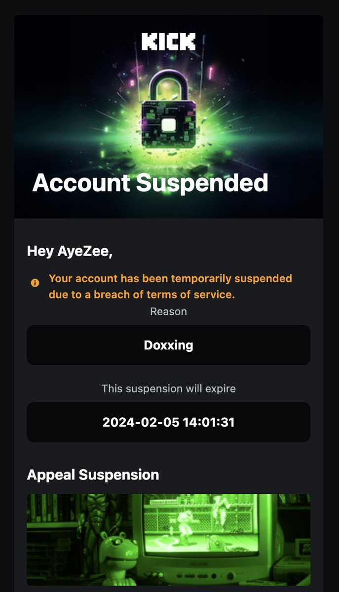 I am now banned on <a href="/kick/"></a> after last night's shenanigans. Reason for ban is "Doxxing" 

I would just like to clarify that everything, including the address I showed is all public information as you can find in the sources folder (that is not Doxxing). I thought Kick was a