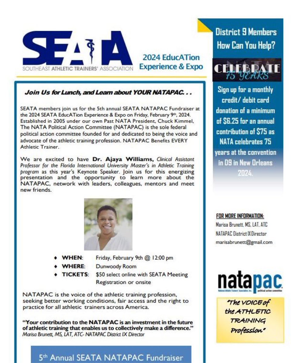 EDACNATA's tweet photo. Make plans to attend the 2024 NATAPAC Fundraiser with Keynote speaker, Dr. Ajaya Williams! Register today!
#nata #seatad9 #natapac #seataexpo #EDAC365 #EDAC4ALL #RepresentationMatters #DiversityMatters https://t.co/3dJaJ1I9CI