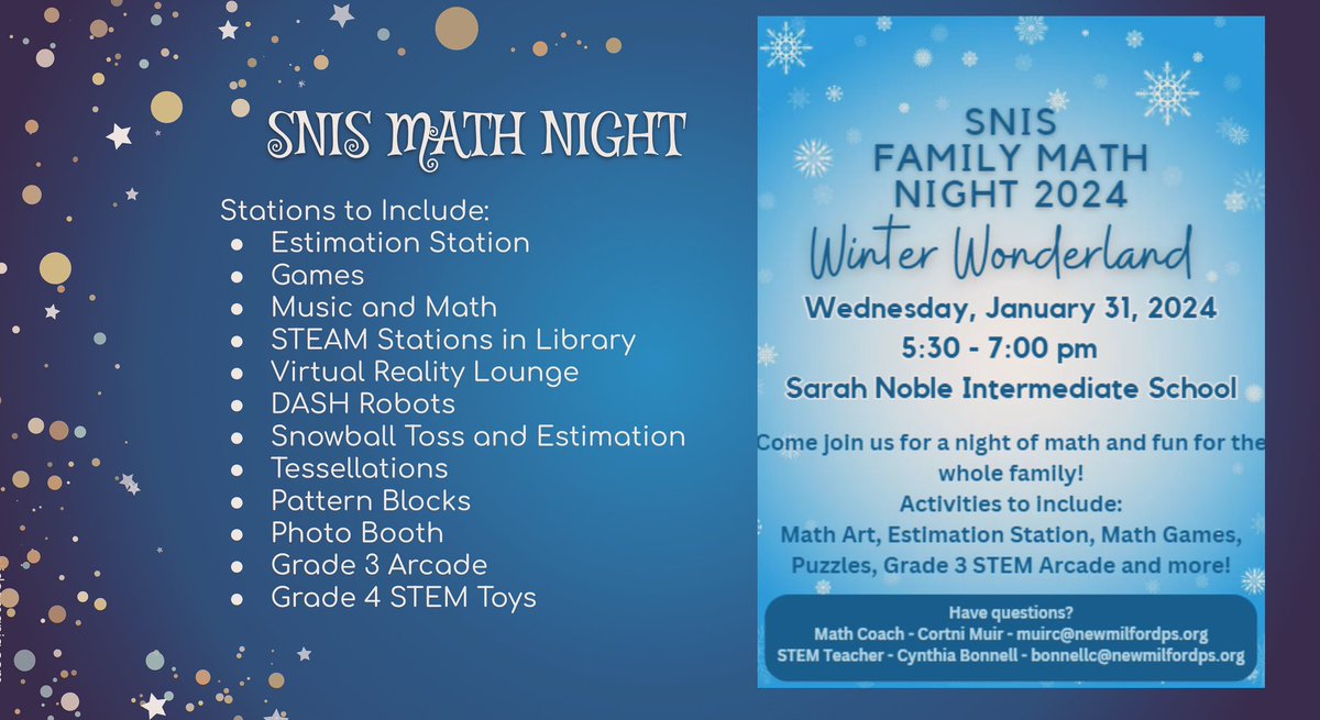 Winter Wonderland Math Week 2024 <a href="/SNIS_CT/">Sarah Noble School</a> 1/29-2/2 ☃️
Mark your calendars for math night! It’s going to be “snow” much fun! 🤍🩵❄️❄️