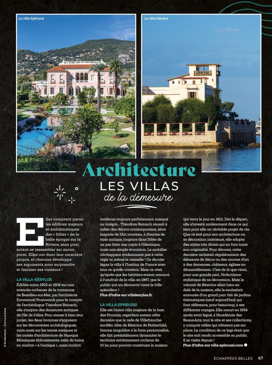 La villa Ephrussi de Rothschild, propriété de l’<a href="/AcadBeauxarts/">Académie des beaux-arts</a>, et la villa Kérylos, propriété de l’<a href="/InstitutFrance/">Institut de France</a>, à l’honneur sur une même page dans la revue « Échappées Belles ».
