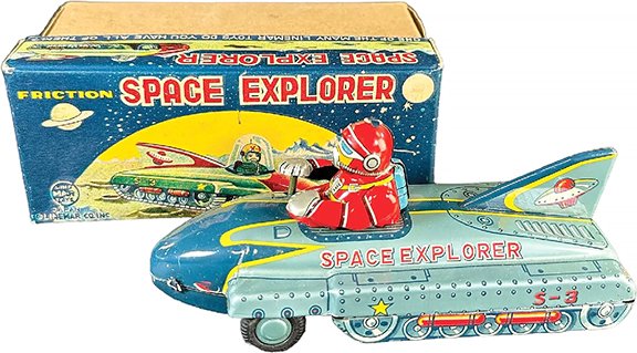 AntiqueDigest's tweet photo. Boxed Linemar Space Explorer rover, 5½" long, with very bright graphics on the box, sold for $30,000 (est. $1200/1800) at Bertoia Auctions https://t.co/l1whyGjfBd #antiques #antique #vintage #toy #toys #space #Linemar #Americana #explorer https://t.co/jf91ajj4pO